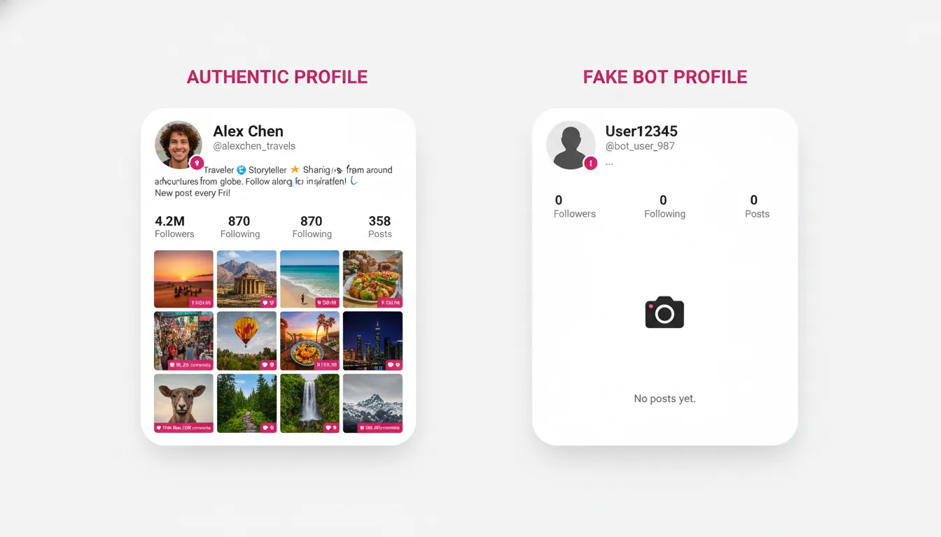 Comparação visual entre perfis reais brasileiros e bots genéricos